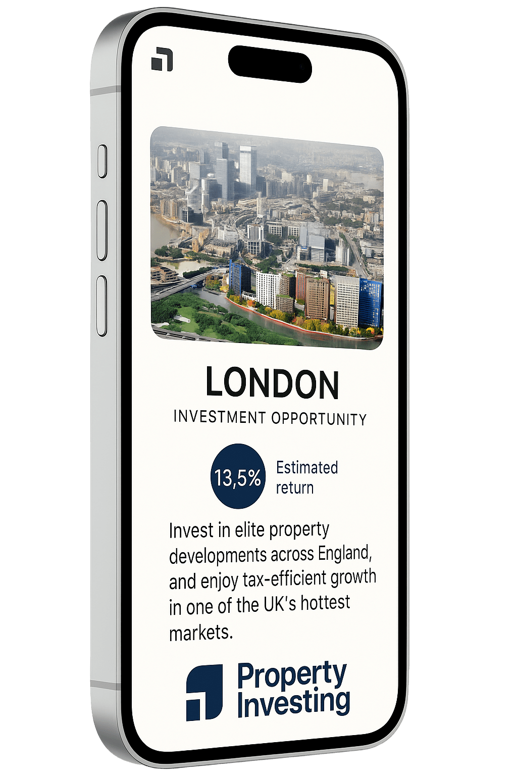 A silver iPhone displays a London property investment advertisement featuring Canary Wharf skyline and a 13.5% estimated return.